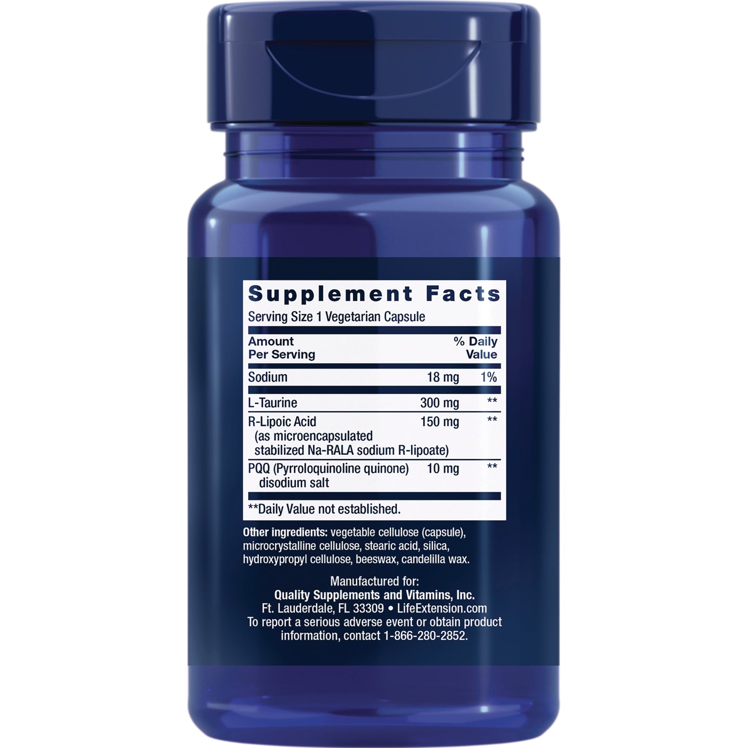 LE394 | back label showing Supplement Facts panel, ingredient list, and manufacturer info on blue supplement bottle