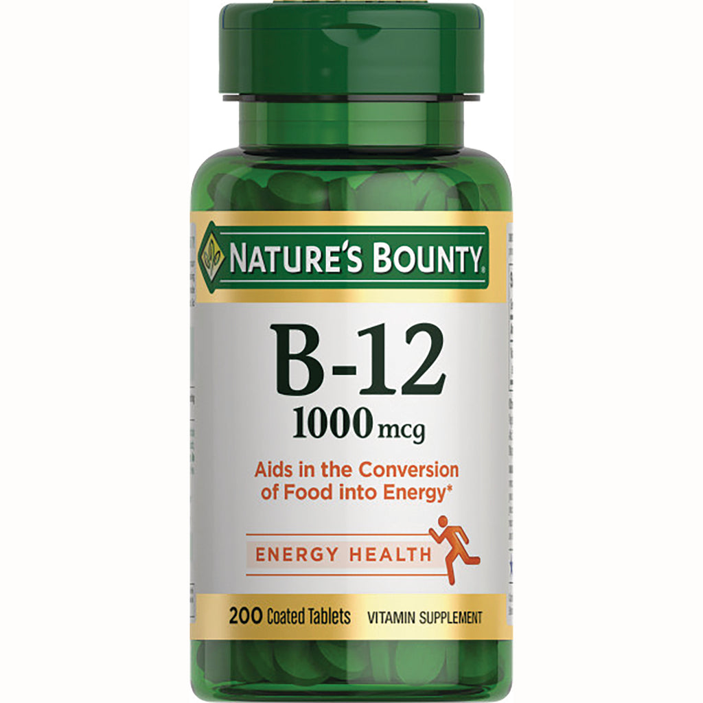 NBY065 | Nature's Bounty B-12 1000 mcg vitamin supplement bottle front label, 200 coated tablets - Thumbnail