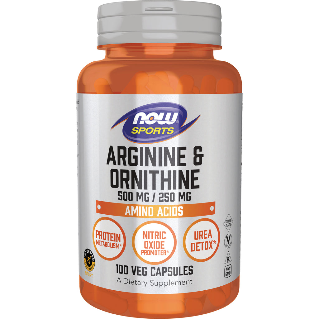 NWF791 | NOW Sports Arginine & Ornithine 500 mg/250 mg supplement bottle, 100 veg capsules - Thumbnail