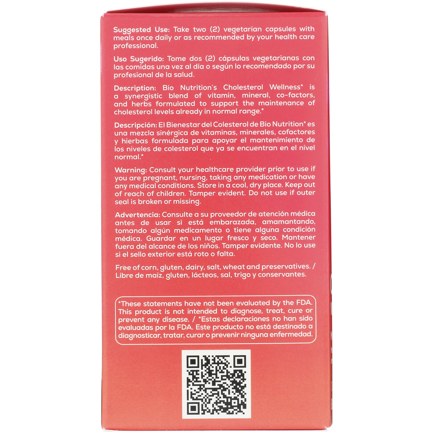 BNN027 | Back of red supplement box showing suggested use, bilingual description, warnings, and a QR code