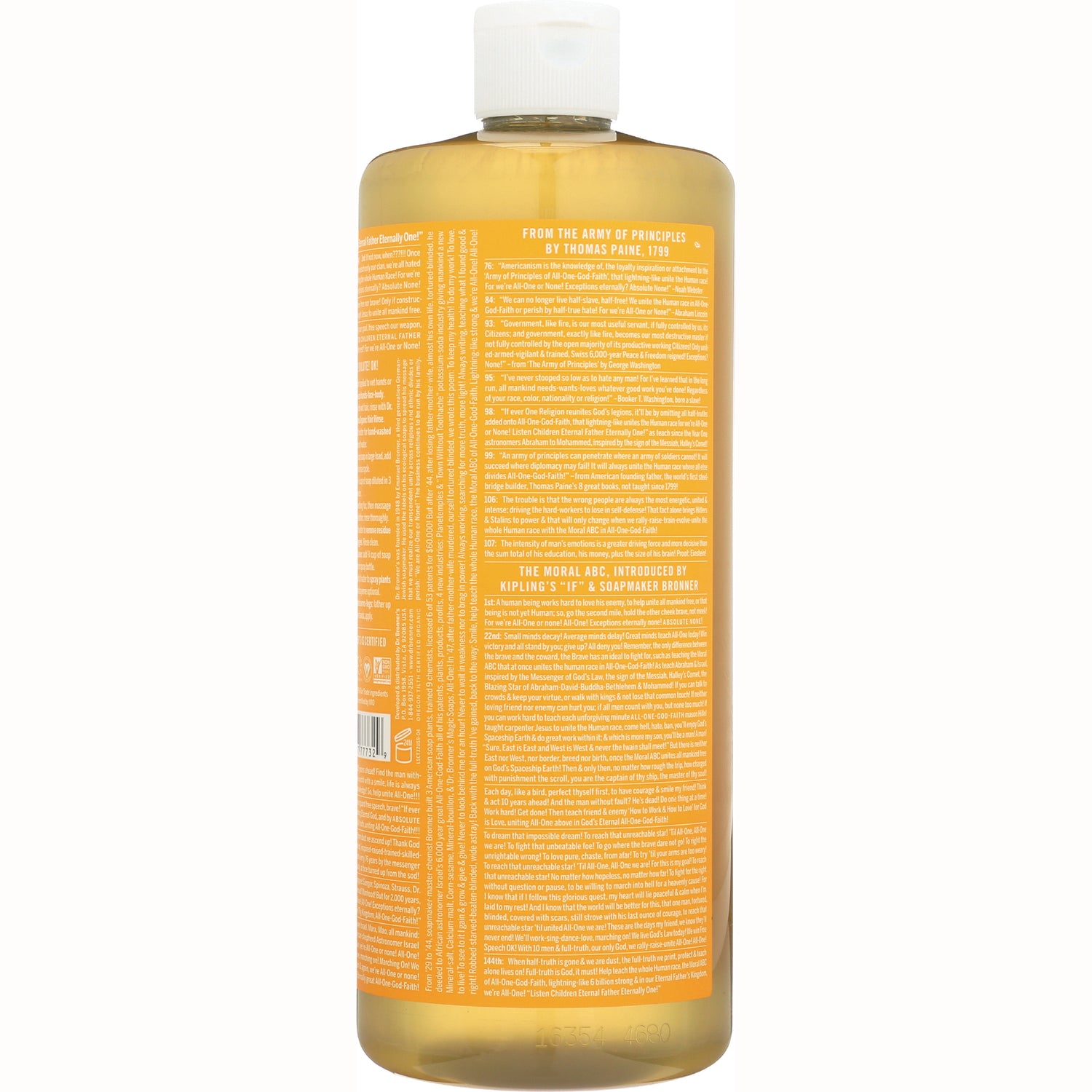 DRB022 | back label of amber bottle showing dense orange product infographic text and white cap