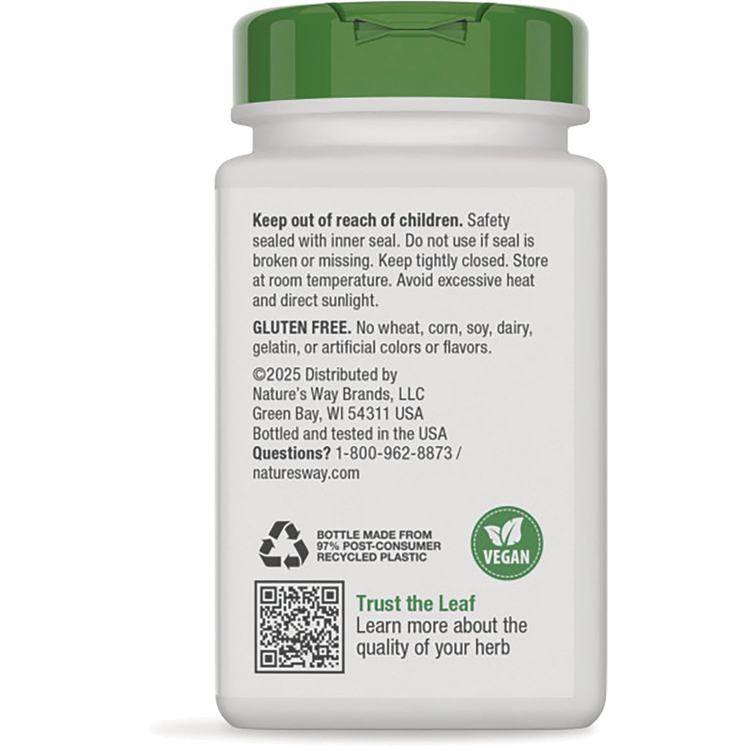 NW168 | Back of white supplement bottle with green cap showing safety warnings, GLUTEN FREE text, vegan icon and QR code