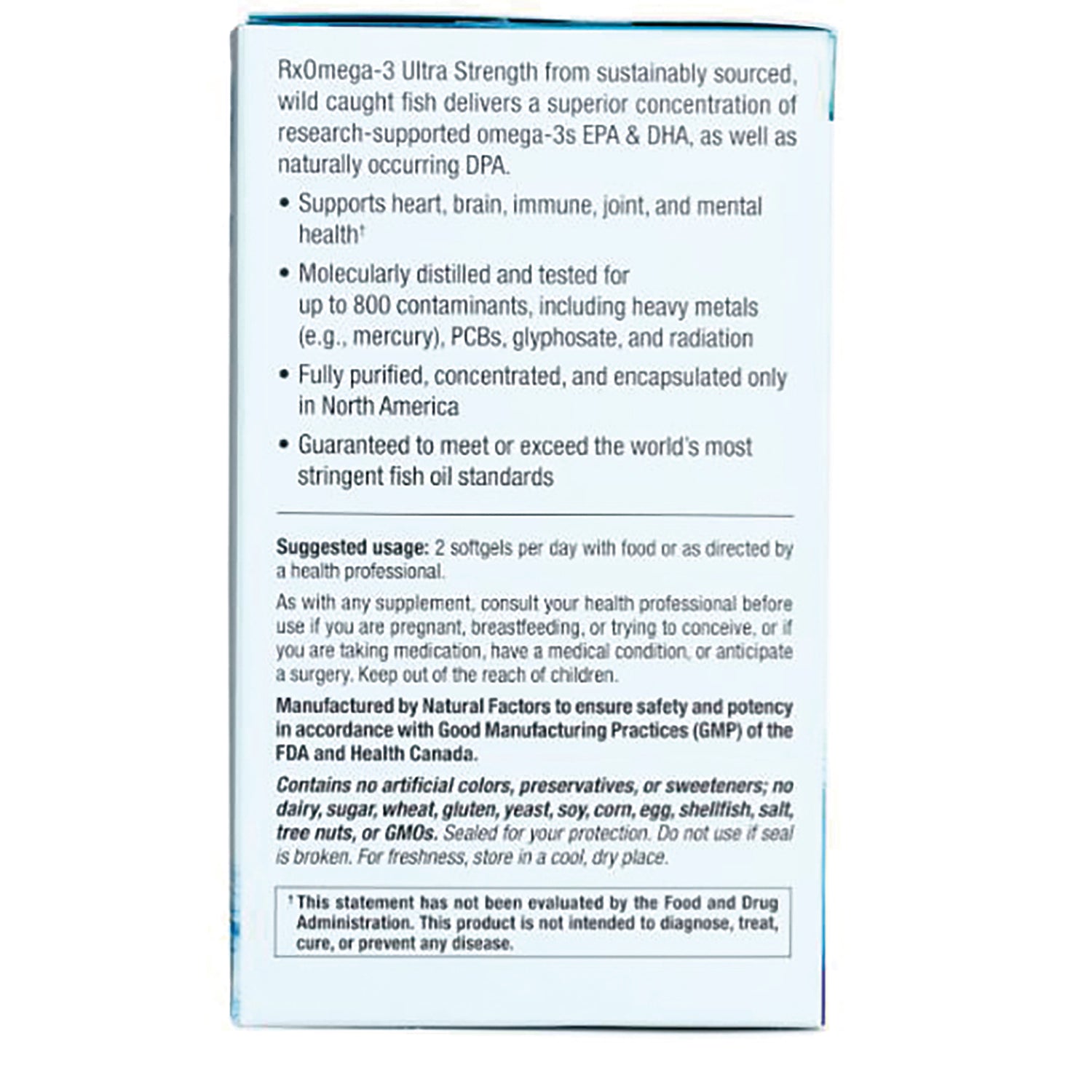 NFC117 | back of supplement box showing Suggested usage: 2 softgels per day, purity claims, warnings, and ingredient/containment statements