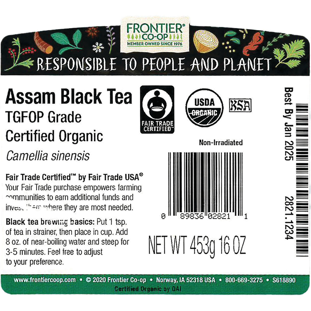 FNP041 | back label of Frontier Assam Black Tea showing Certified Organic, brewing instructions, barcode and net wt 453g 16 OZ - Thumbnail