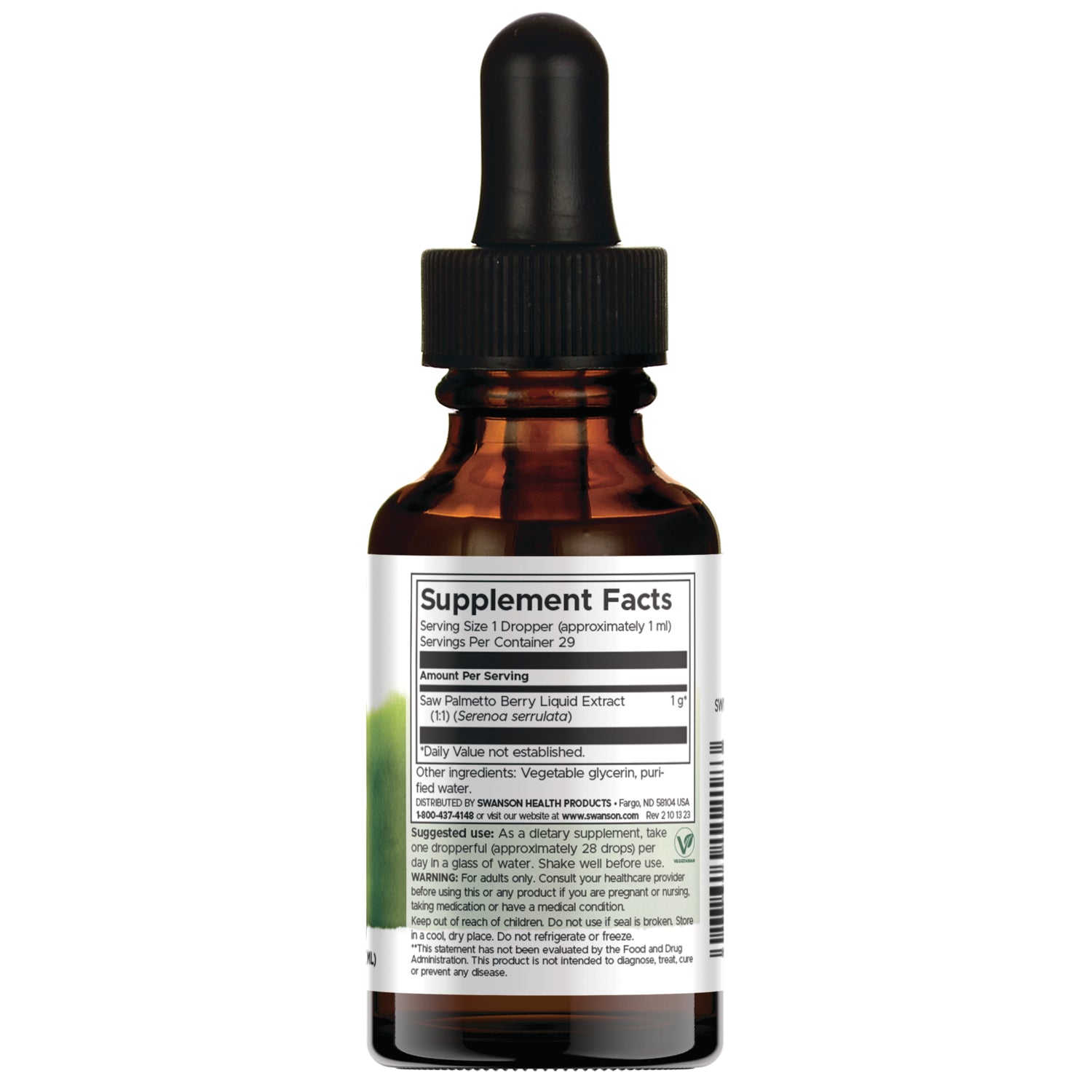 SW1218 | Back label with Supplement Facts for Saw Palmetto Berry Liquid Extract