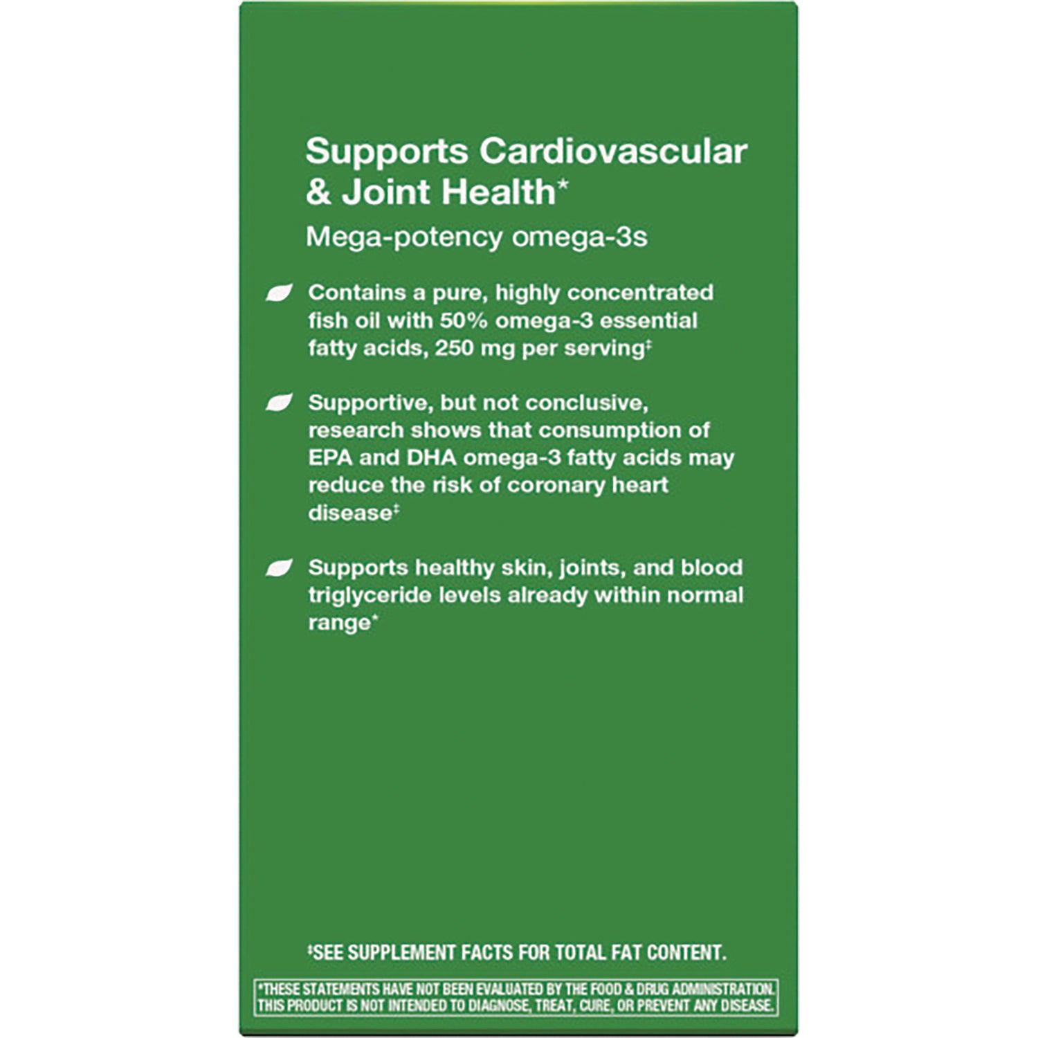 NW597 | green product back panel with white text listing omega-3 benefits and supplement claims
