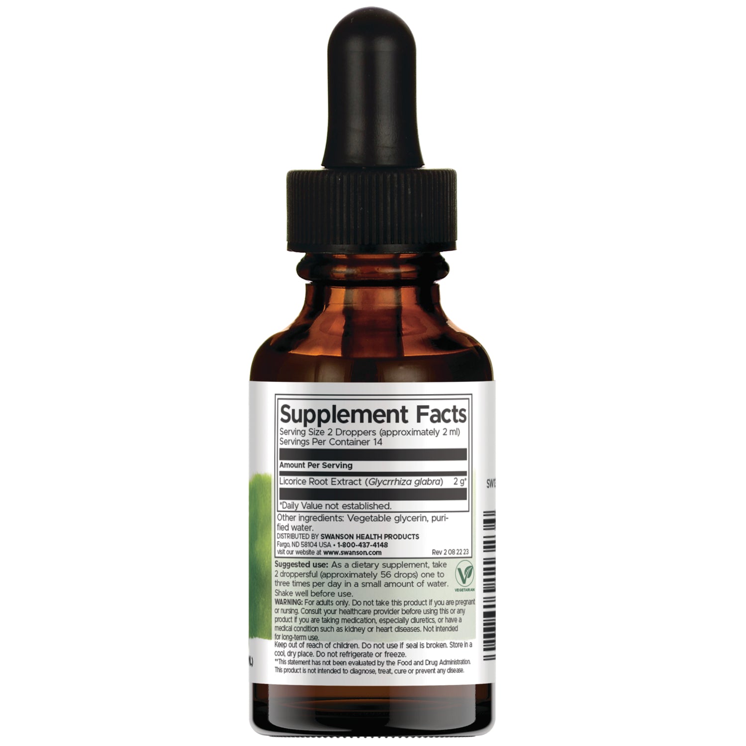 SW1323 | Back of brown dropper bottle showing Supplement Facts panel for licorice root extract