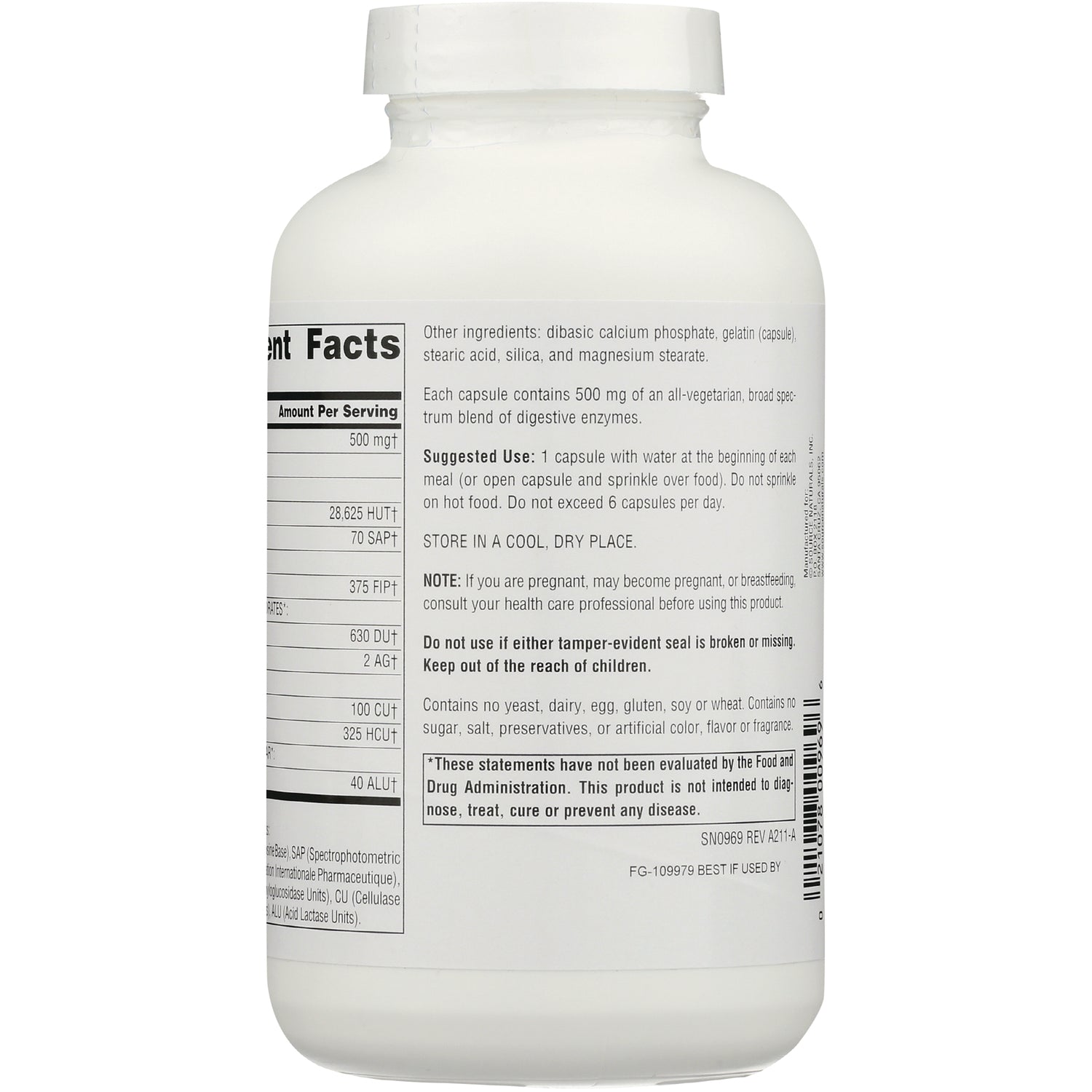 SN106 | Back label of white supplement bottle showing Supplement Facts, suggested use, warnings and barcode