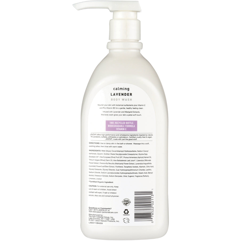 JC042 | Back of white pump bottle showing calming lavender body wash label with ingredients and barcode - Thumbnail