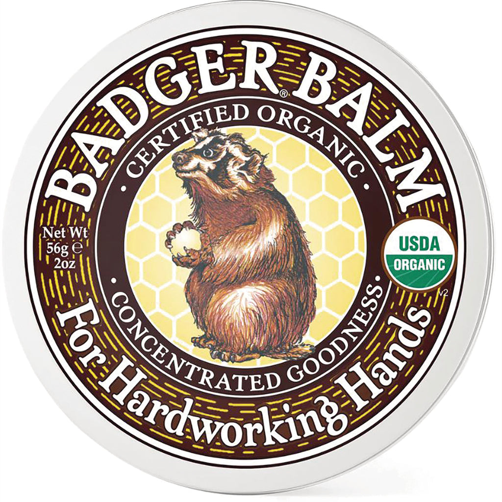 BAD008 | round tin lid with a badger illustration and text BADGERBALM certified organic for hardworking hands - Thumbnail