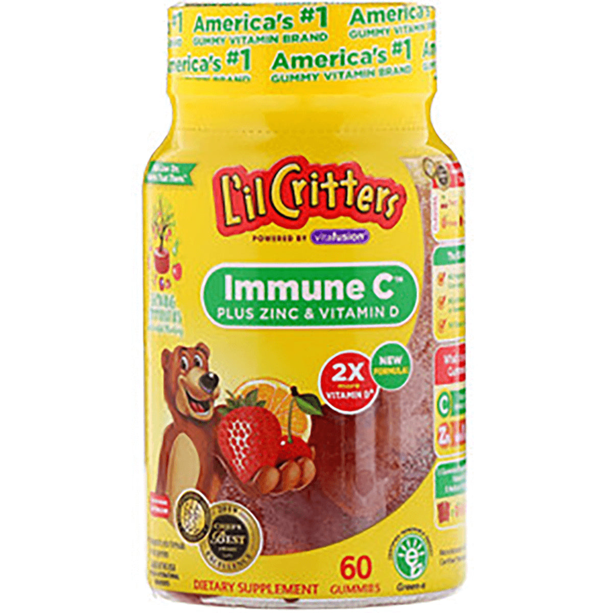 LCR005 | Yellow Lil Critters Immune C gummy bottle with bear mascot, strawberries, 'Immune C plus zinc & vitamin D' label, 60 gummies