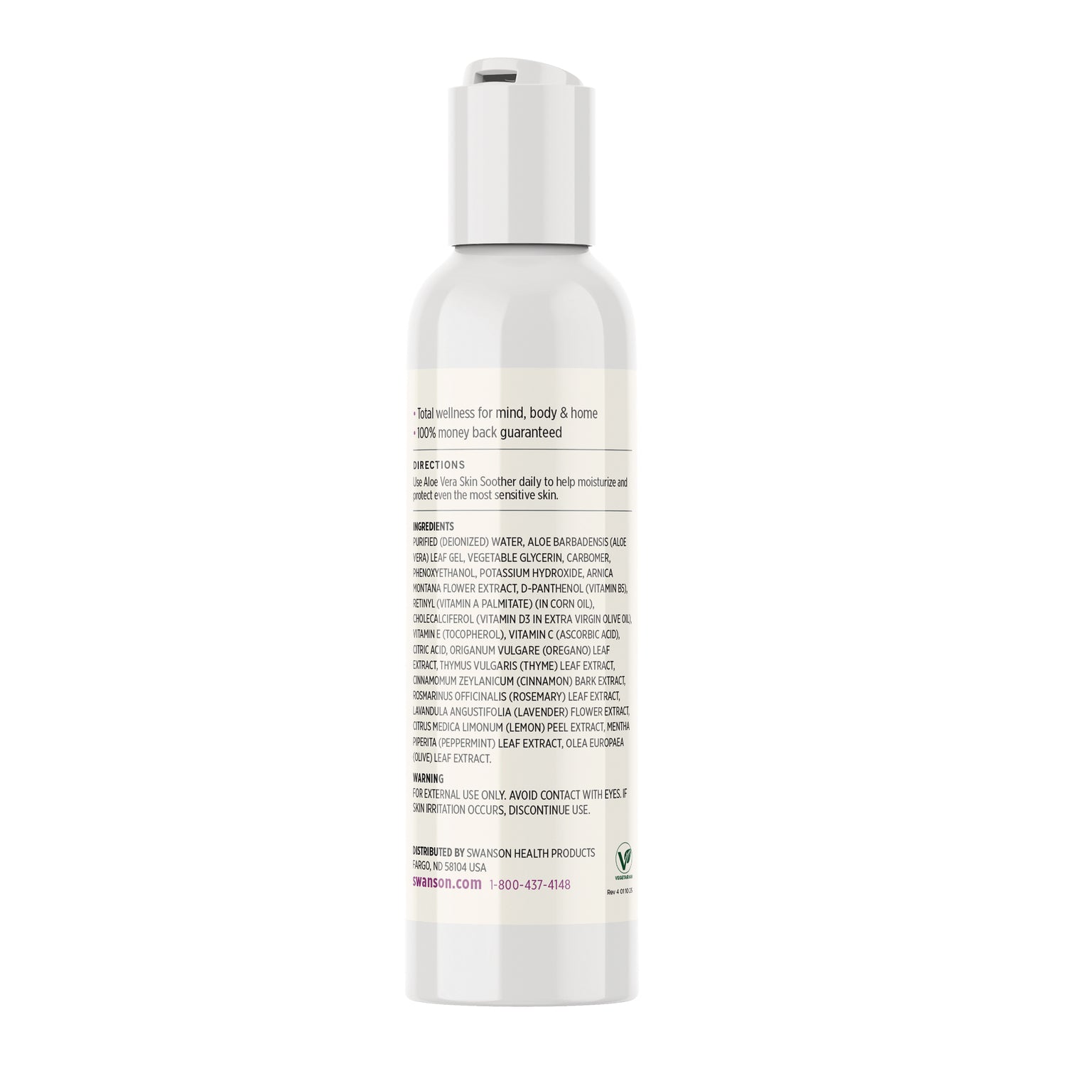 SW1482 | Back of label with Ingredients, directions, and warning for Aloe Vera Skin Soother