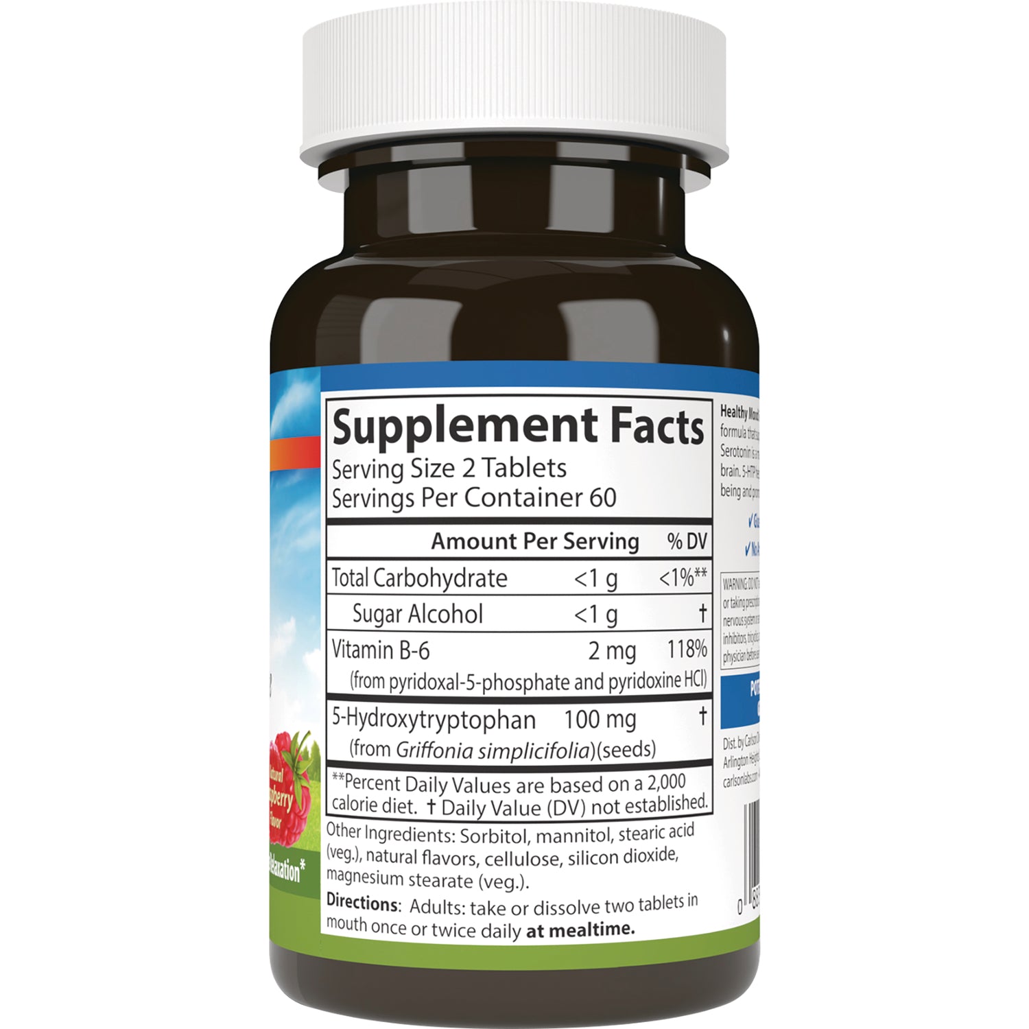 CSN123 | Back label showing Supplement Facts panel with serving size 2 tablets and 5-HTP 100 mg