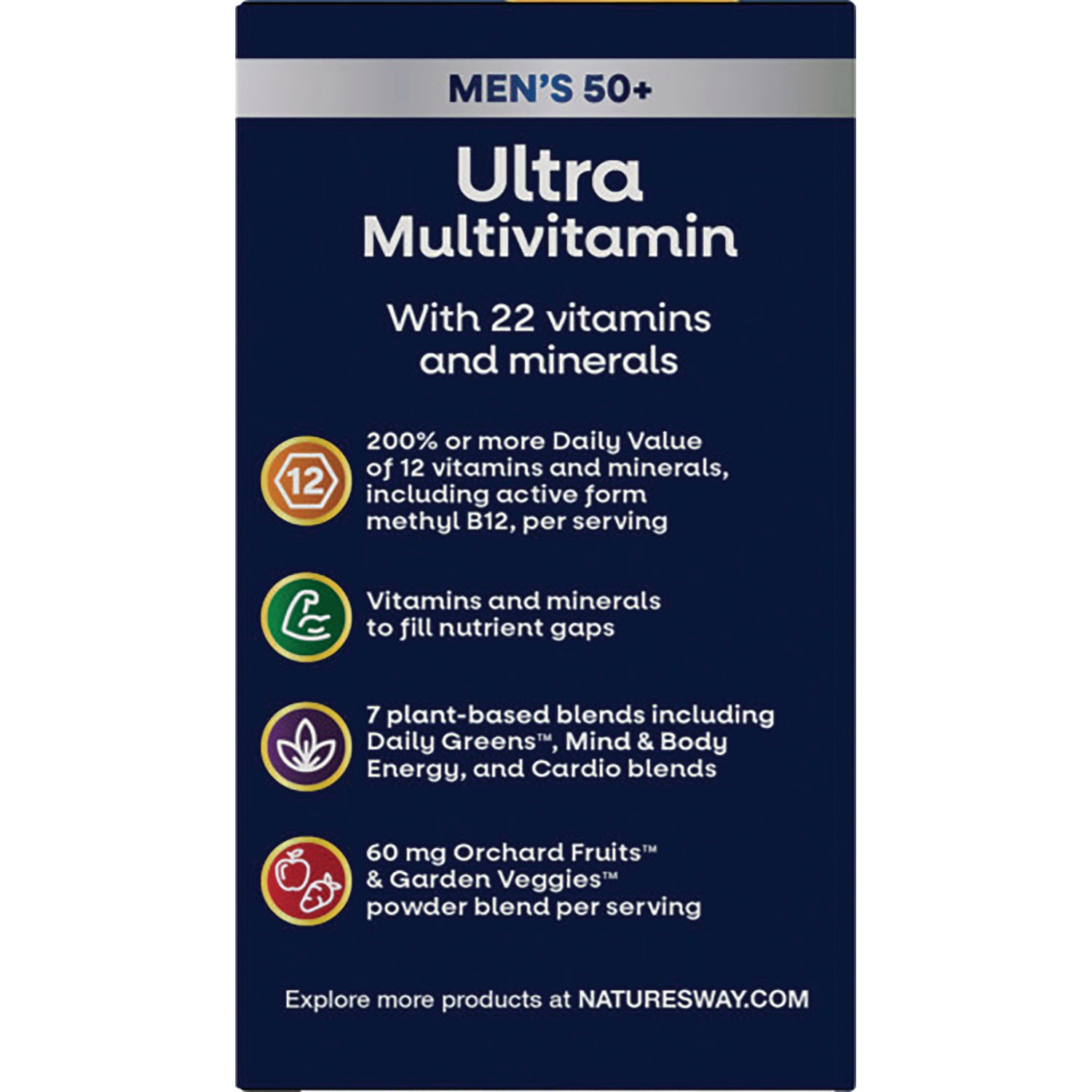 NW708 | Ultra Multivitamin product infographic for men's 50+ listing 22 vitamins and minerals, 200% DV of 12, 7 plant blends, 60 mg fruit and veggie blend