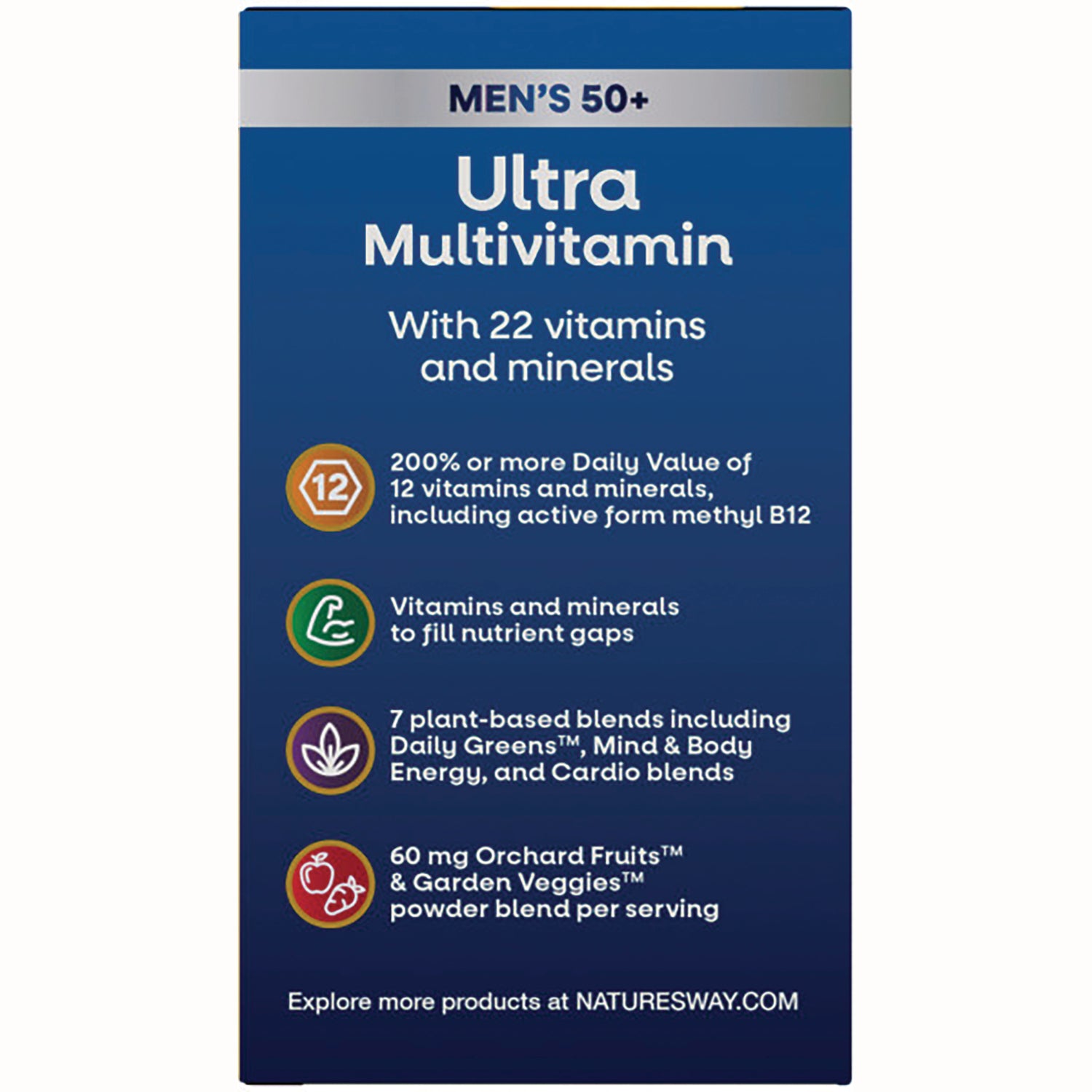 NW708 | Ultra Multivitamin product infographic for men's 50+ listing 22 vitamins and minerals, 200% DV of 12, 7 plant blends, 60 mg fruit and veggie blend