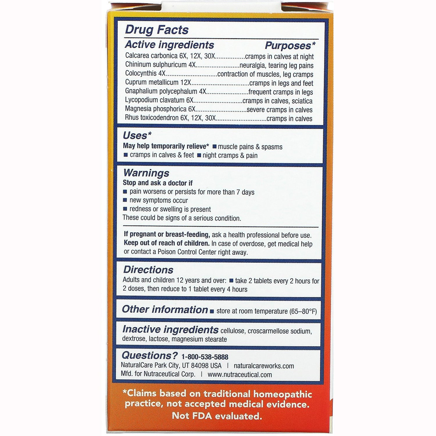 Drug Facts panel on product box showing active and inactive ingredients, uses, warnings, and directions