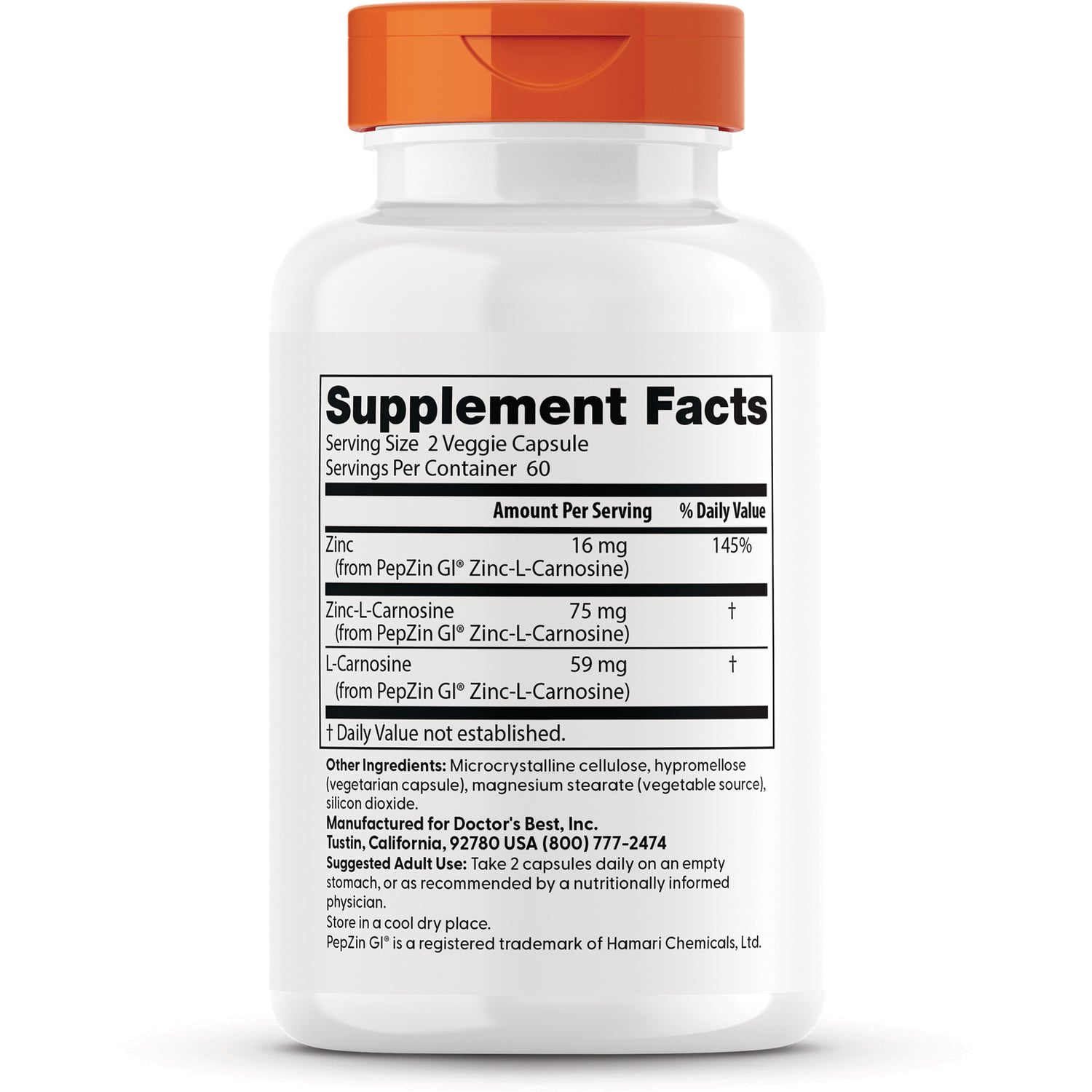 DB114 | Back label showing Supplement Facts and ingredients listing zinc, Zinc-L-Carnosine and L-Carnosine on white bottle