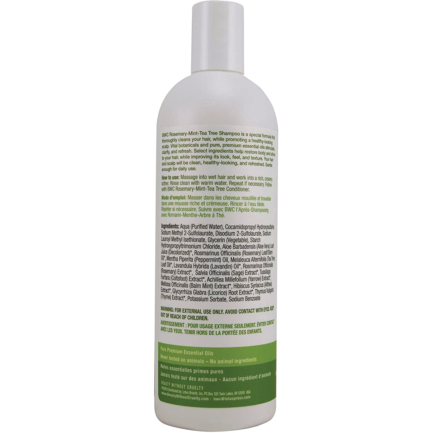 BWC100 | Back label of white shampoo bottle showing ingredients, directions, and warnings