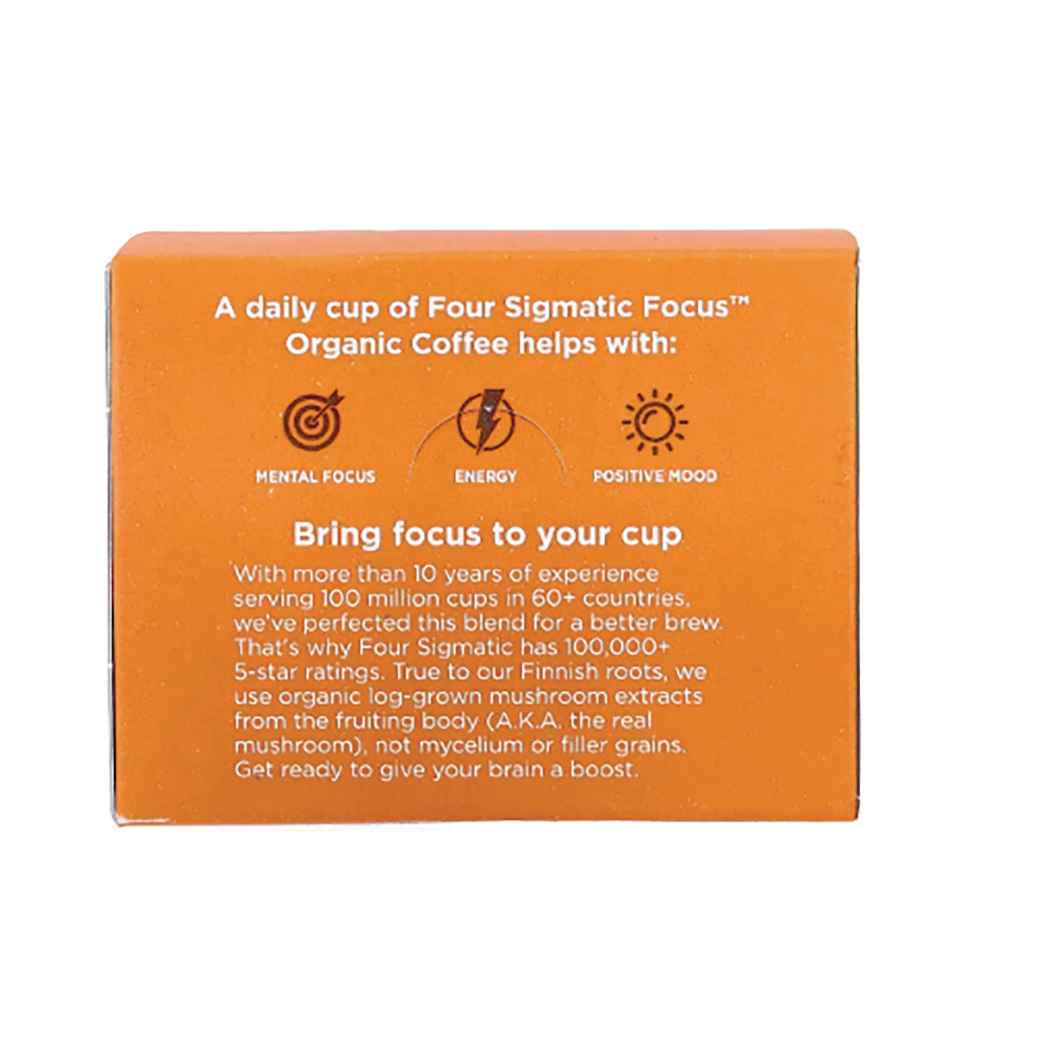 FSF008 | Back of orange Four Sigmatic Focus organic coffee box showing benefits and visible text Bring focus to your cup
