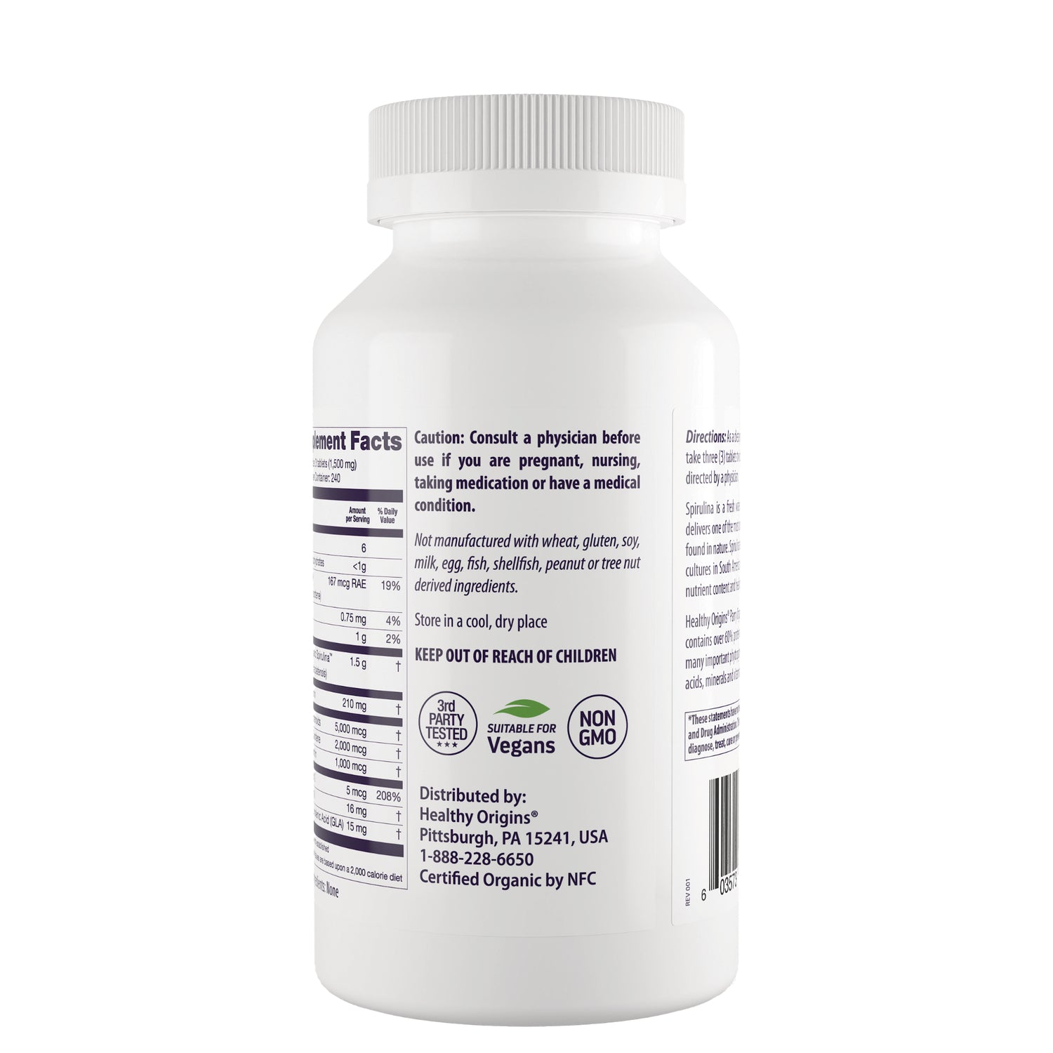 HRG067 | back label of white supplement bottle showing supplement facts, caution text, vegan and non-GMO icons and barcode