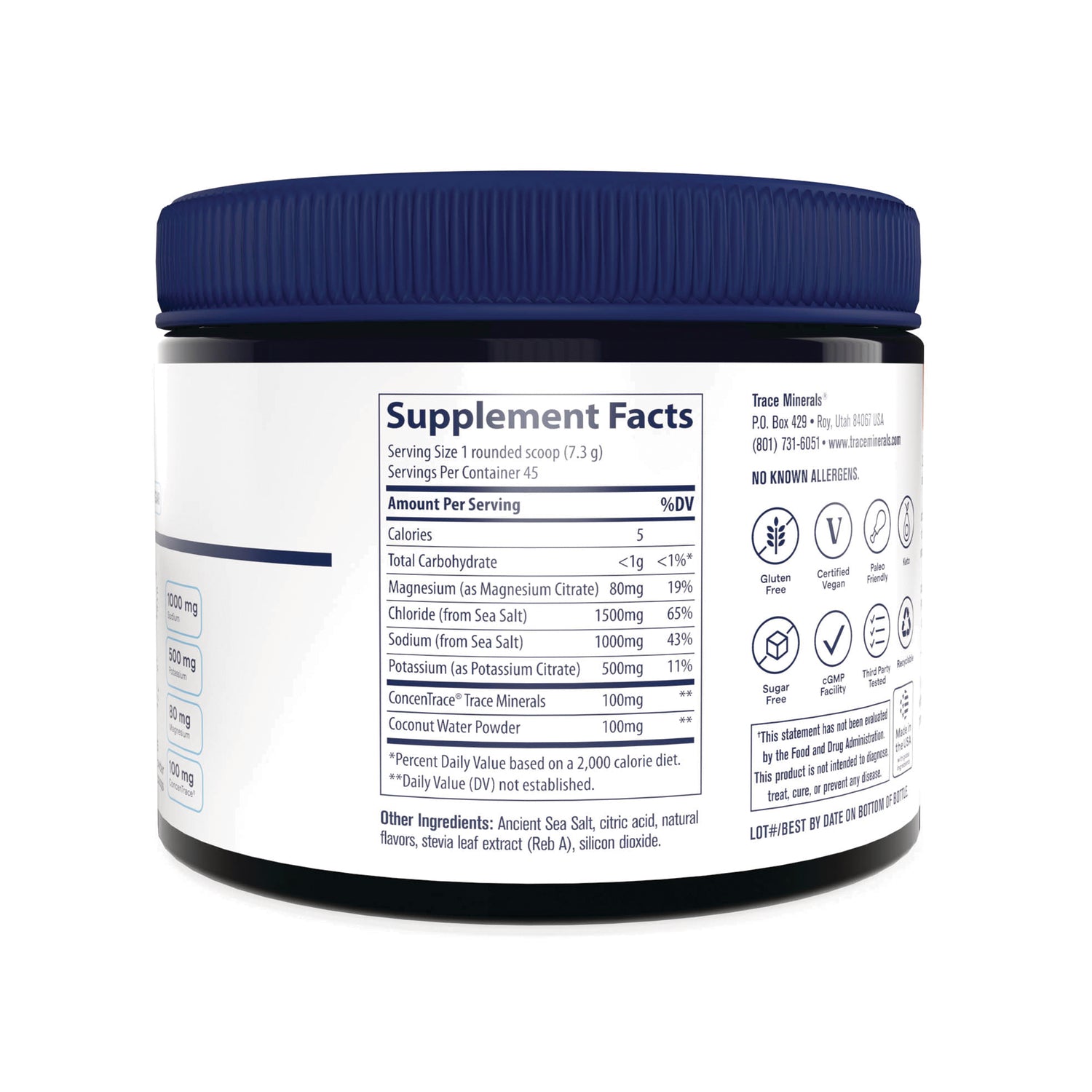 TM170 | Back label showing Supplement Facts panel and certification icons including Gluten Free, Certified Vegan, BPA Free