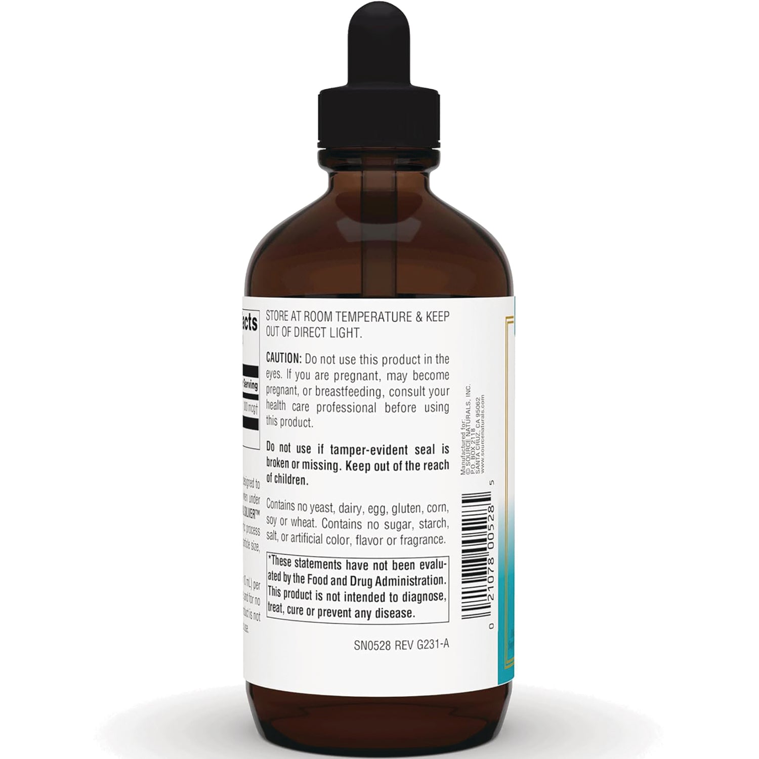 SN756 | Back label of amber dropper bottle with caution, storage directions, ingredients-free claims, and barcode