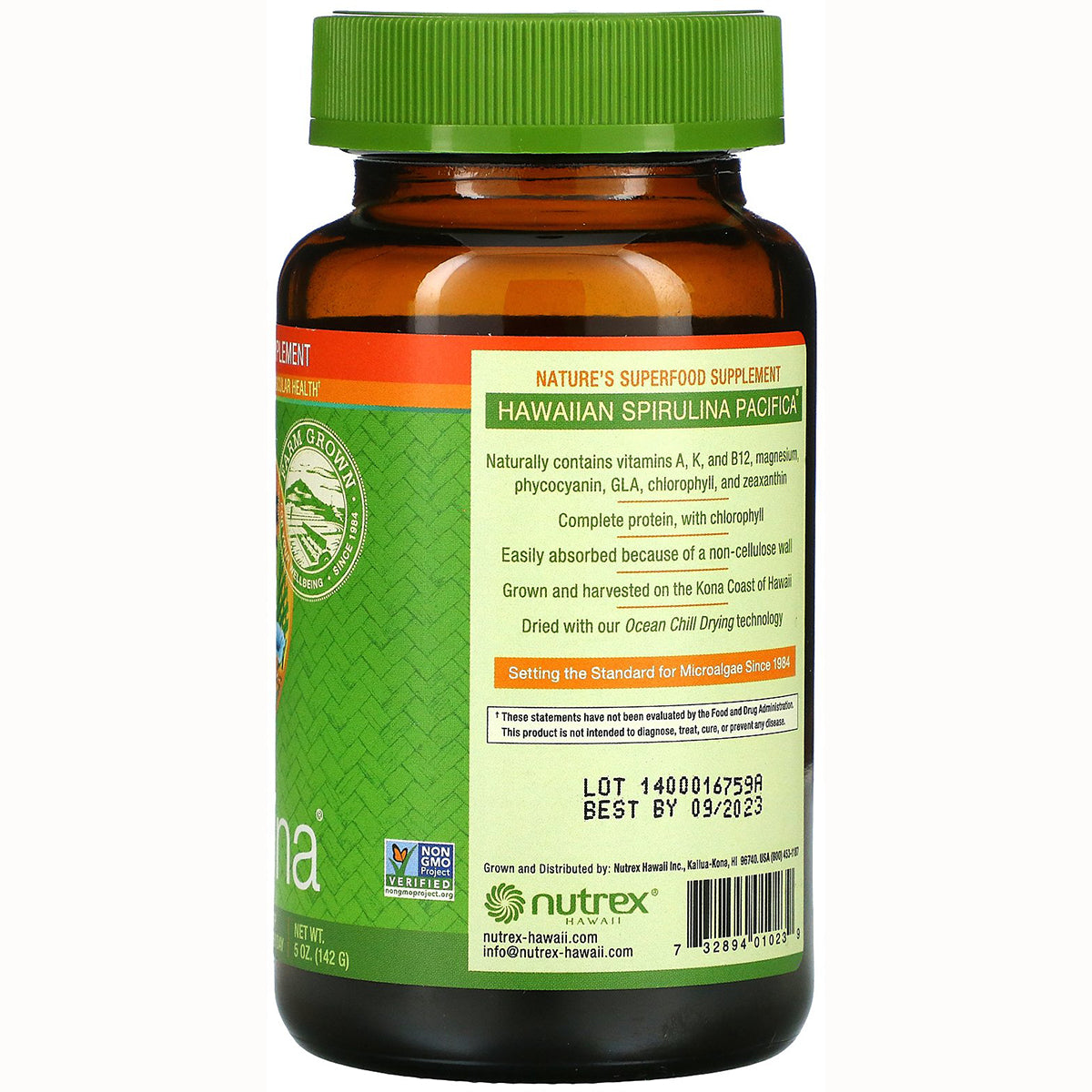 NUT005 | back label of brown supplement bottle showing Hawaiian Spirulina Pacifica information, lot and best by dates, Nutrex logo