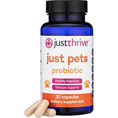 JTR008 | Blue JustThrive bottle labeled just pets probiotic 30 capsules dietary supplement with three beige capsules visible