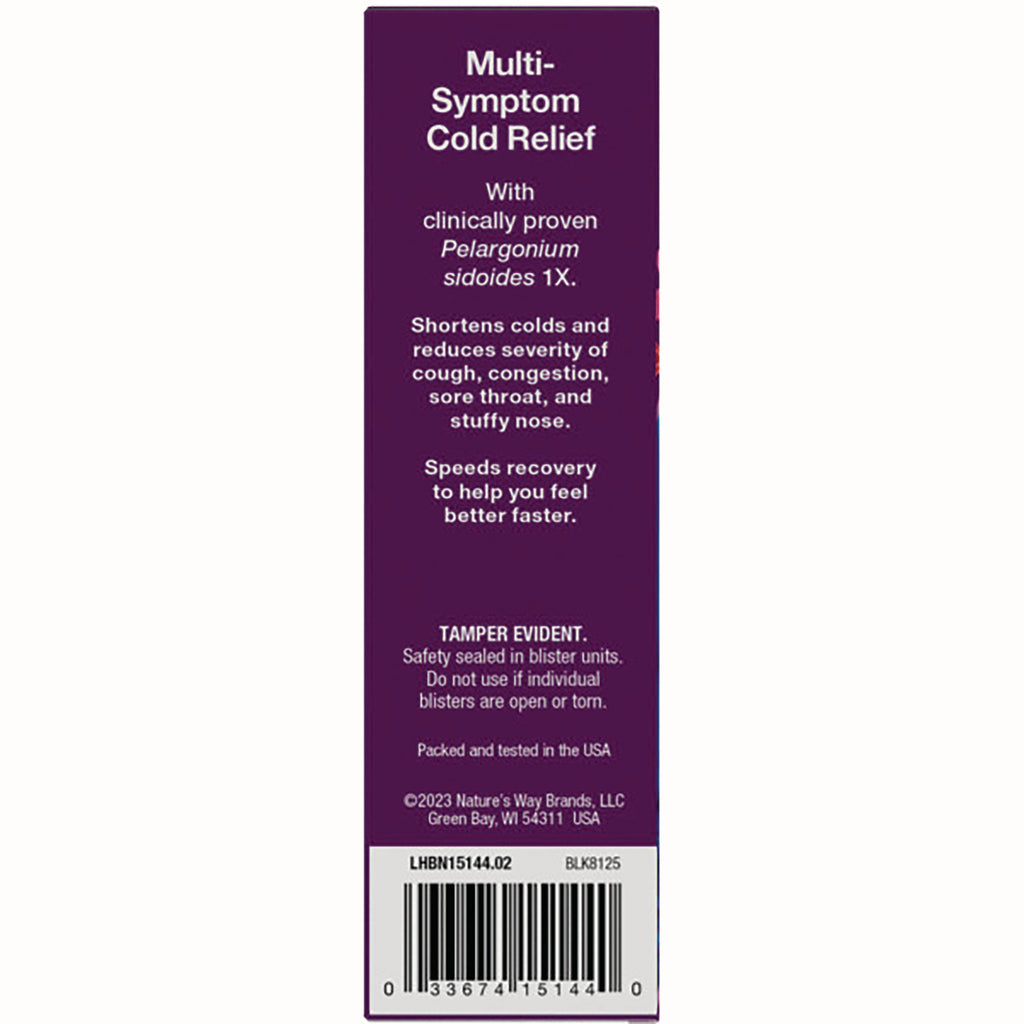 NW645 | purple product infographic panel reading Multi-Symptom Cold Relief, clinically proven Pelargonium sidoides, tamper evident notice - Thumbnail