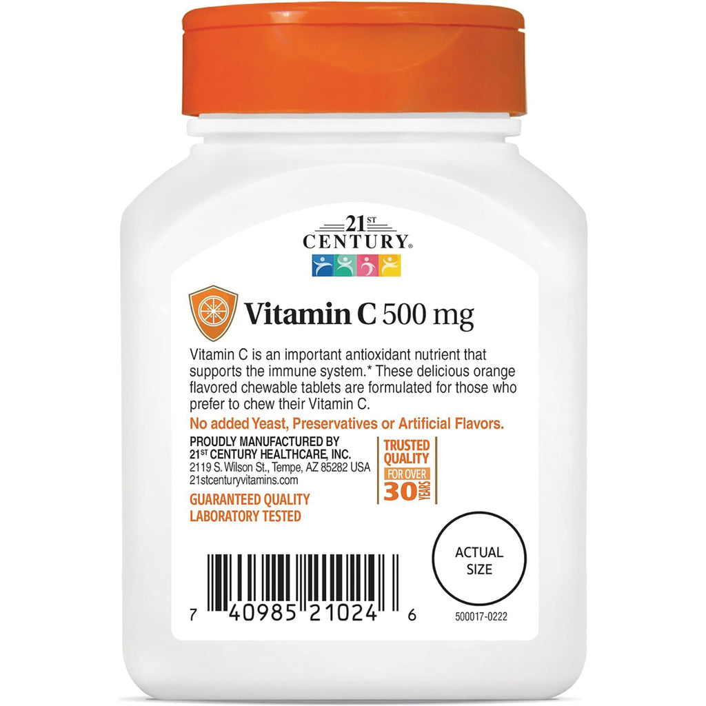 CNT177 | White bottle with orange cap labeled Vitamin C 500 mg, chewable tablets; label shows benefits text, barcode, and actual size circle - Thumbnail