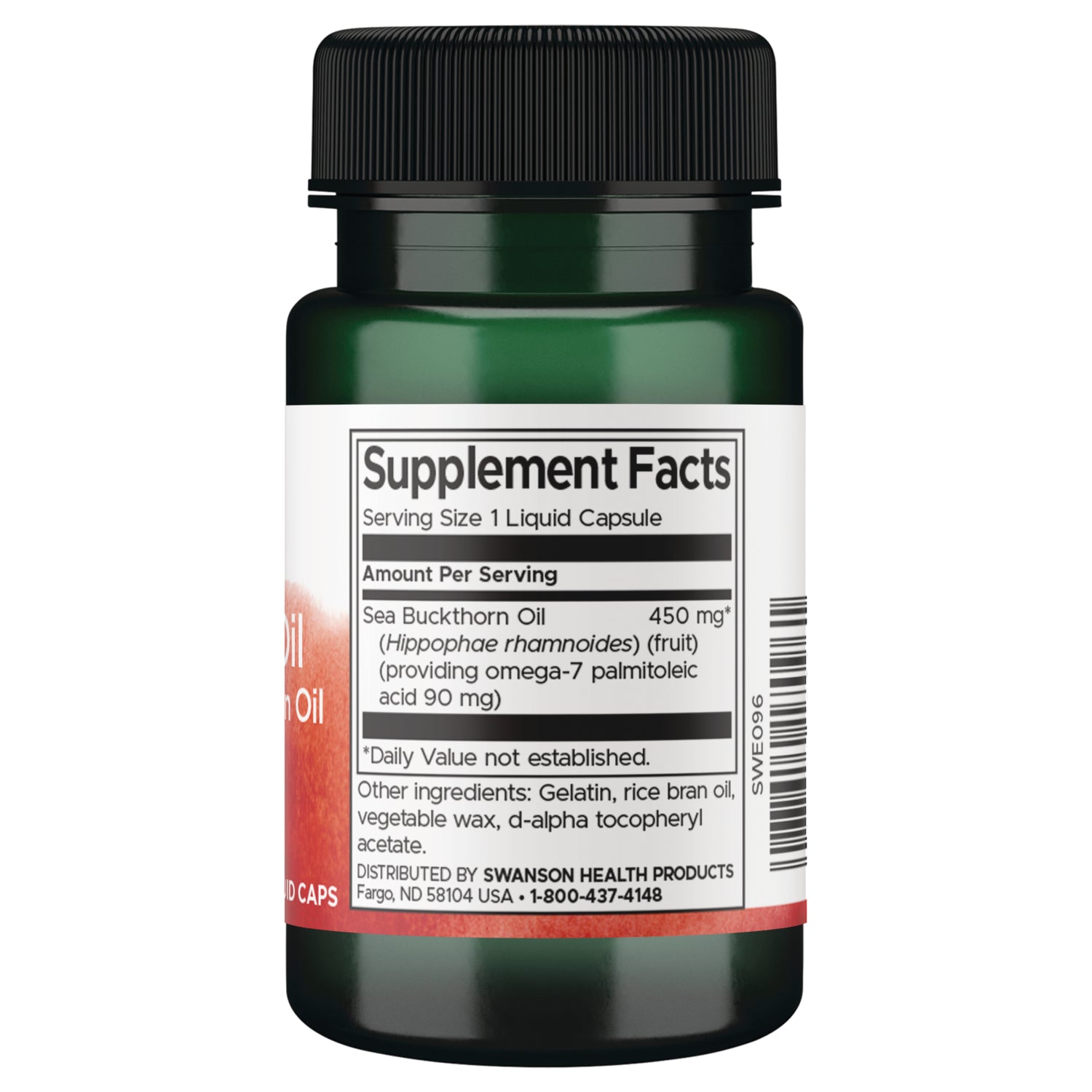 SWE096 | Back label showing Supplement Facts for sea buckthorn oil liquid capsules; ingredients and distributor info visible