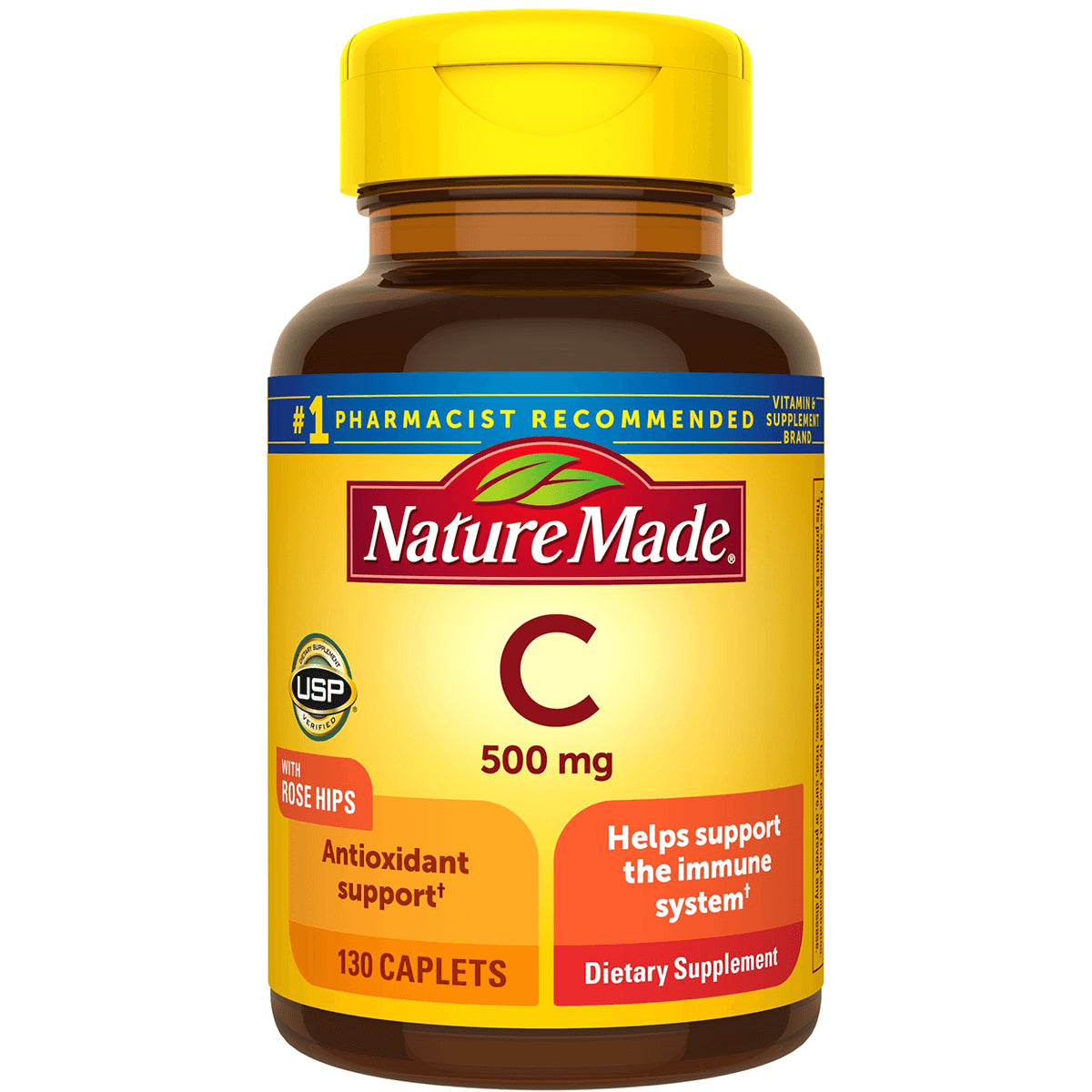 NTM050 | Nature Made vitamin C 500 mg bottle, 130 caplets, yellow label with Rose Hips