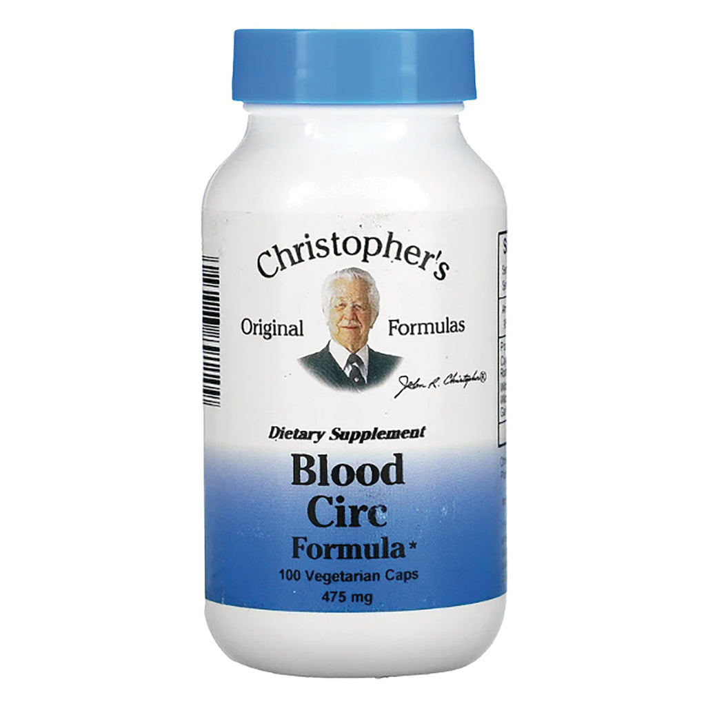 DCR030 | White supplement bottle with blue cap labeled Christopher's Blood Circ Formula 100 Vegetarian Caps 475 mg - Thumbnail