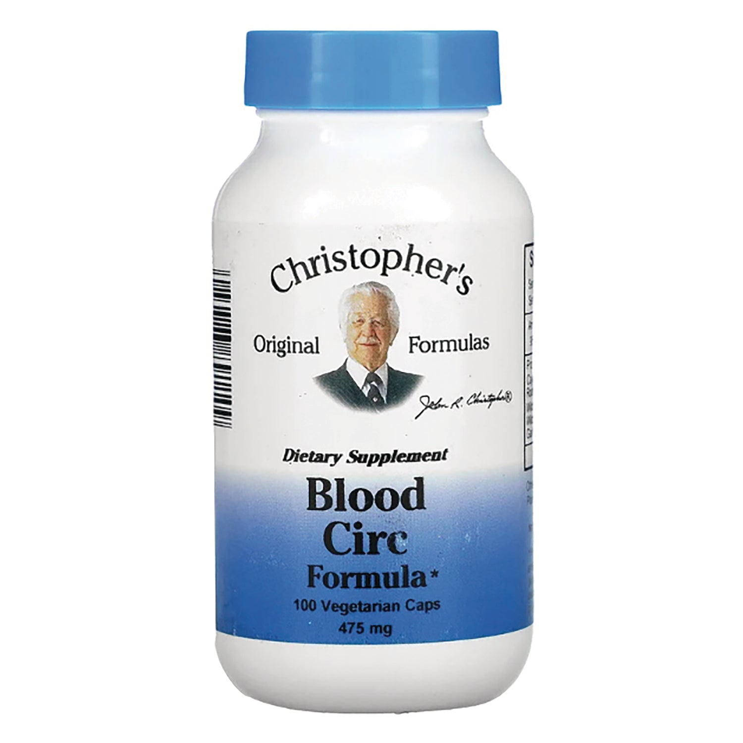 DCR030 | White supplement bottle with blue cap labeled Christopher's Blood Circ Formula 100 Vegetarian Caps 475 mg