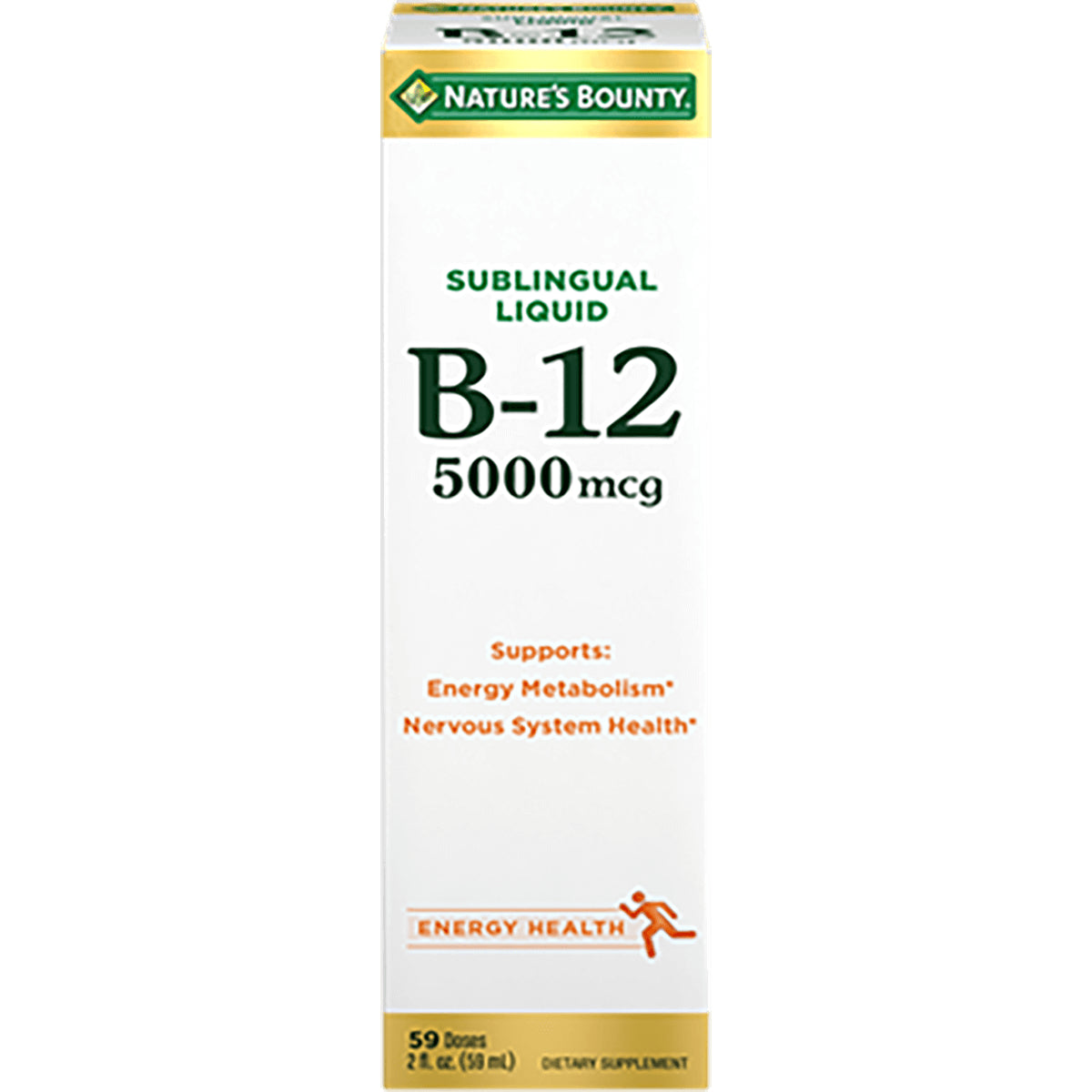 NBY043 | Nature's Bounty sublingual liquid B-12 5000 mcg front packaging with brand logo and energy health label