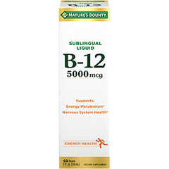 NBY043 | Nature's Bounty sublingual liquid B-12 5000 mcg front packaging with brand logo and energy health label