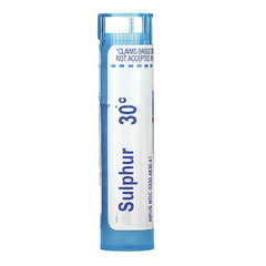 BRN071 | blue cylindrical tube labeled Sulphur 30c homeopathic remedy front view