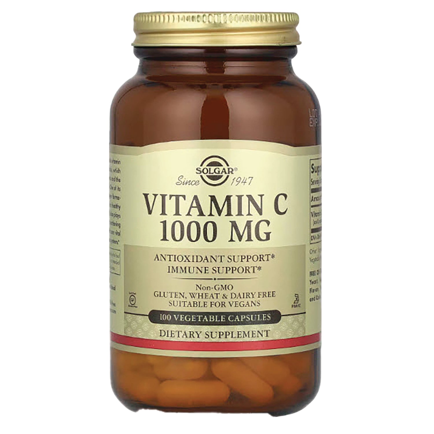 SLG239 | Solgar Vitamin C 1000 MG amber glass bottle with gold cap labeled 100 vegetable capsules dietary supplement