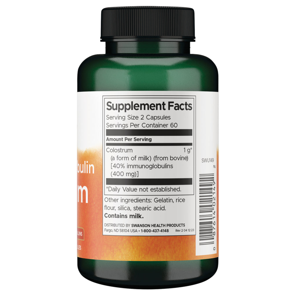 SWU149 | Back label with Supplement Facts for bovine colostrum capsules; serving size 2, 60 servings; contains milk - Thumbnail