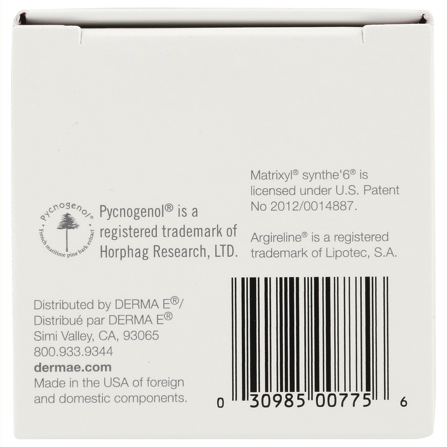 DE082 | back of white product box showing trademark text, distributor info and barcode