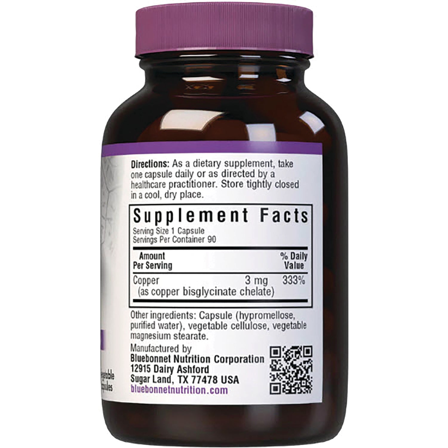 BLU066 | Back of brown supplement bottle showing supplement facts panel, directions, ingredients and manufacturer info