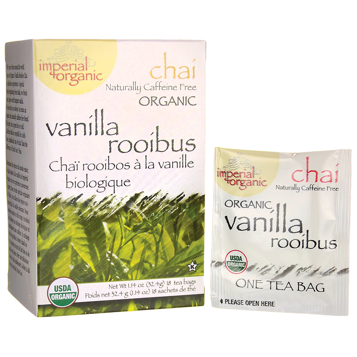 UL028 | Imperial Organic chai vanilla rooibos tea box with individual tea bag, USDA Organic