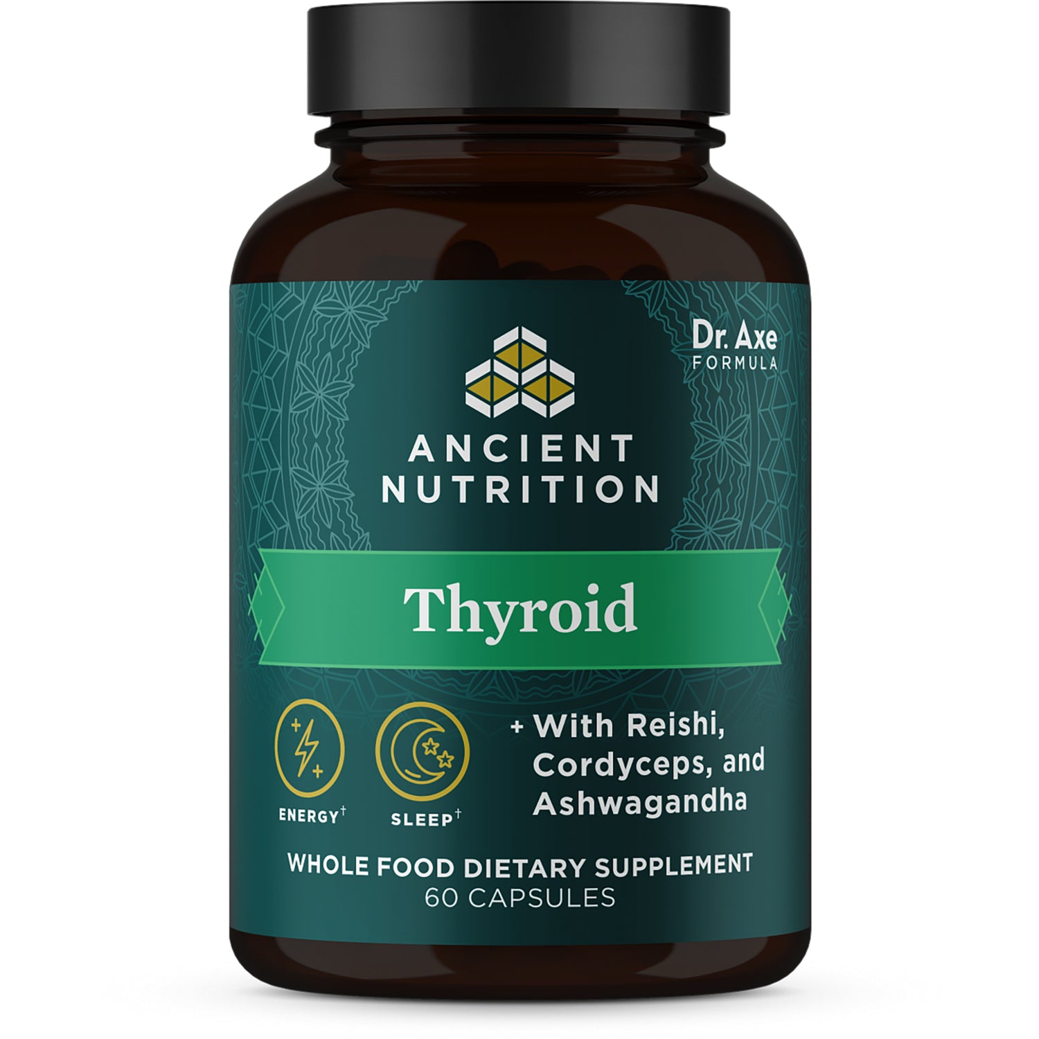 ATN077 | Ancient Nutrition Thyroid supplement bottle front label, 60 capsules, with Reishi, Cordyceps and Ashwagandha