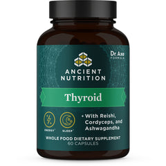 ATN077 | Ancient Nutrition Thyroid supplement bottle front label, 60 capsules, with Reishi, Cordyceps and Ashwagandha