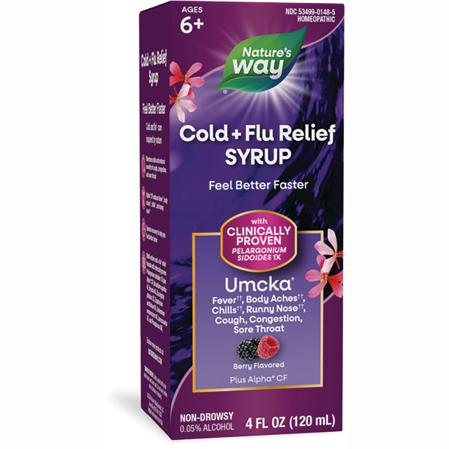NW648 | Nature's Way Umcka Cold + Flu Relief syrup front packaging, berry flavored, 4 fl oz (120 mL)