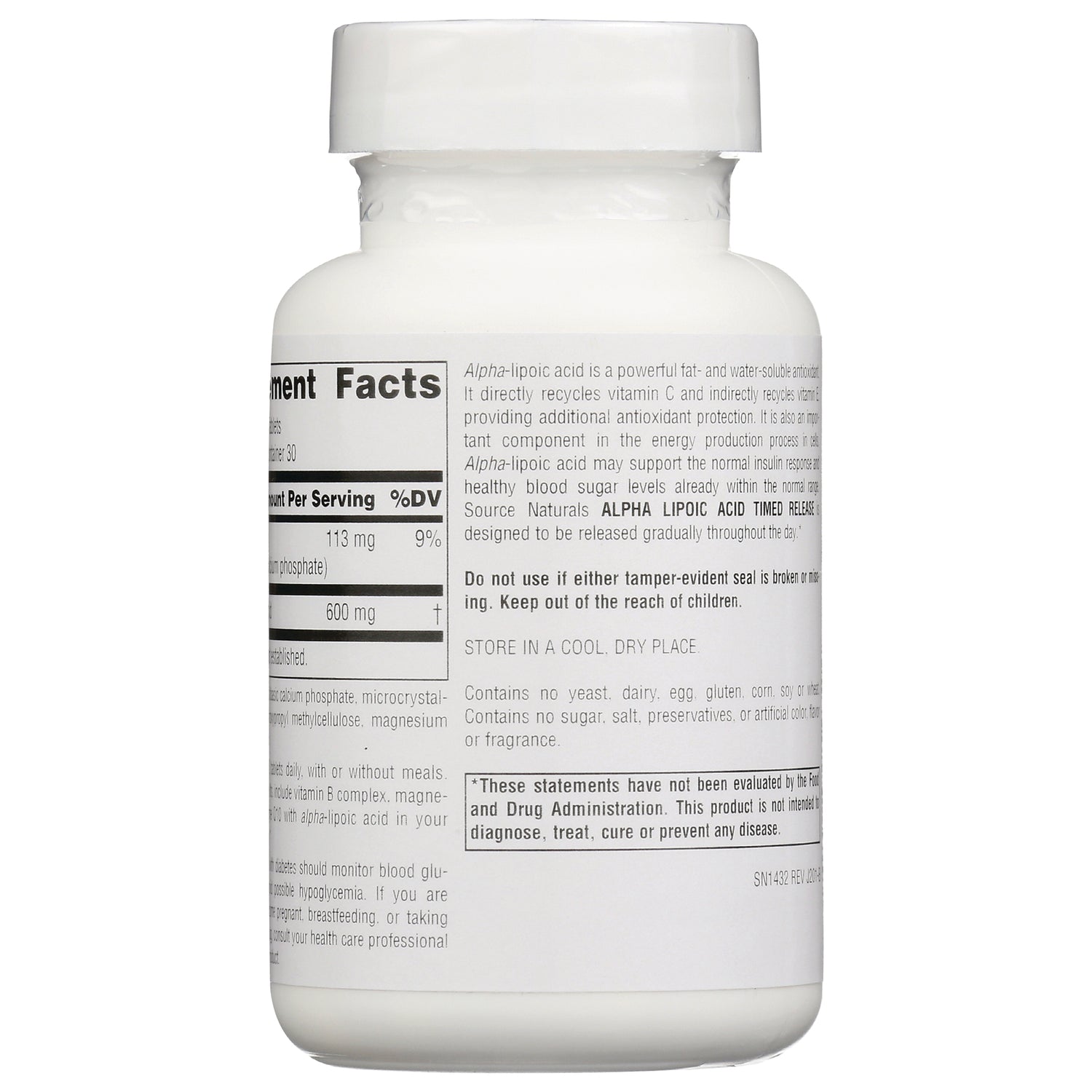 SN098 | Back label showing Supplement Facts, directions, warnings, and storage information