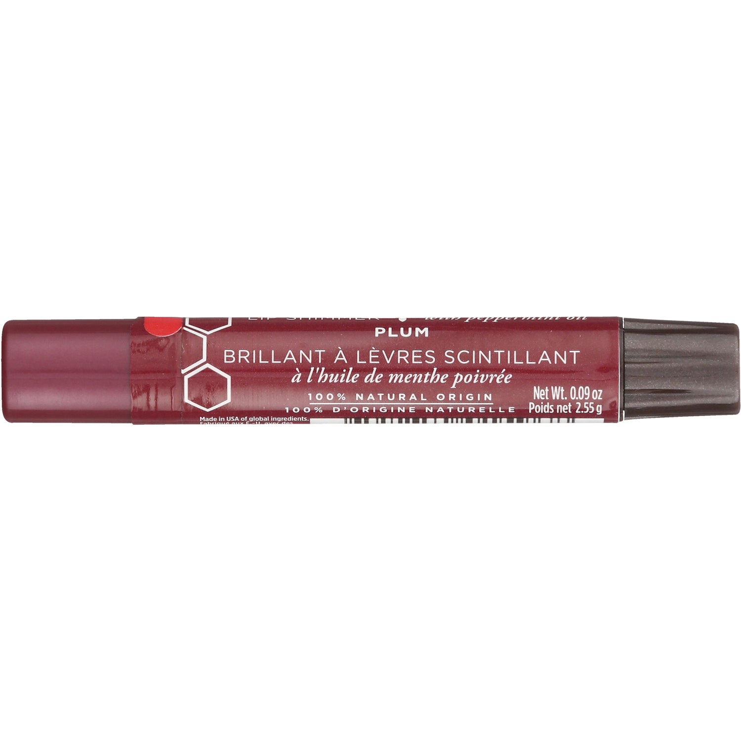 BTB231 | plum lip shimmer tube labeled BRILLANT  LVRES SCINTILLANT and 100% NATURAL ORIGIN