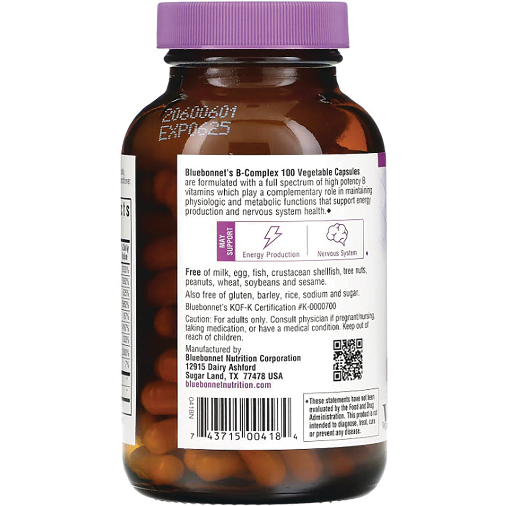 BLU054 | Back label of brown supplement bottle showing Bluebonnet's B-Complex 100 ingredients, free-from claims and barcode - Thumbnail