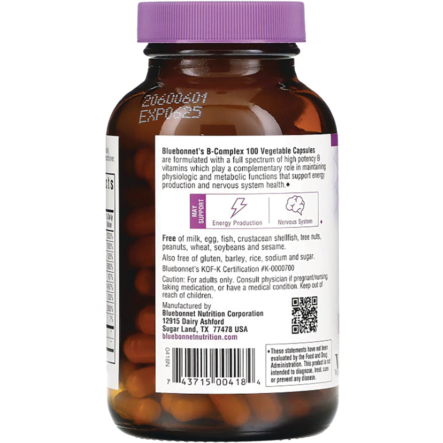 BLU054 | Back label of brown supplement bottle showing Bluebonnet's B-Complex 100 ingredients, free-from claims and barcode