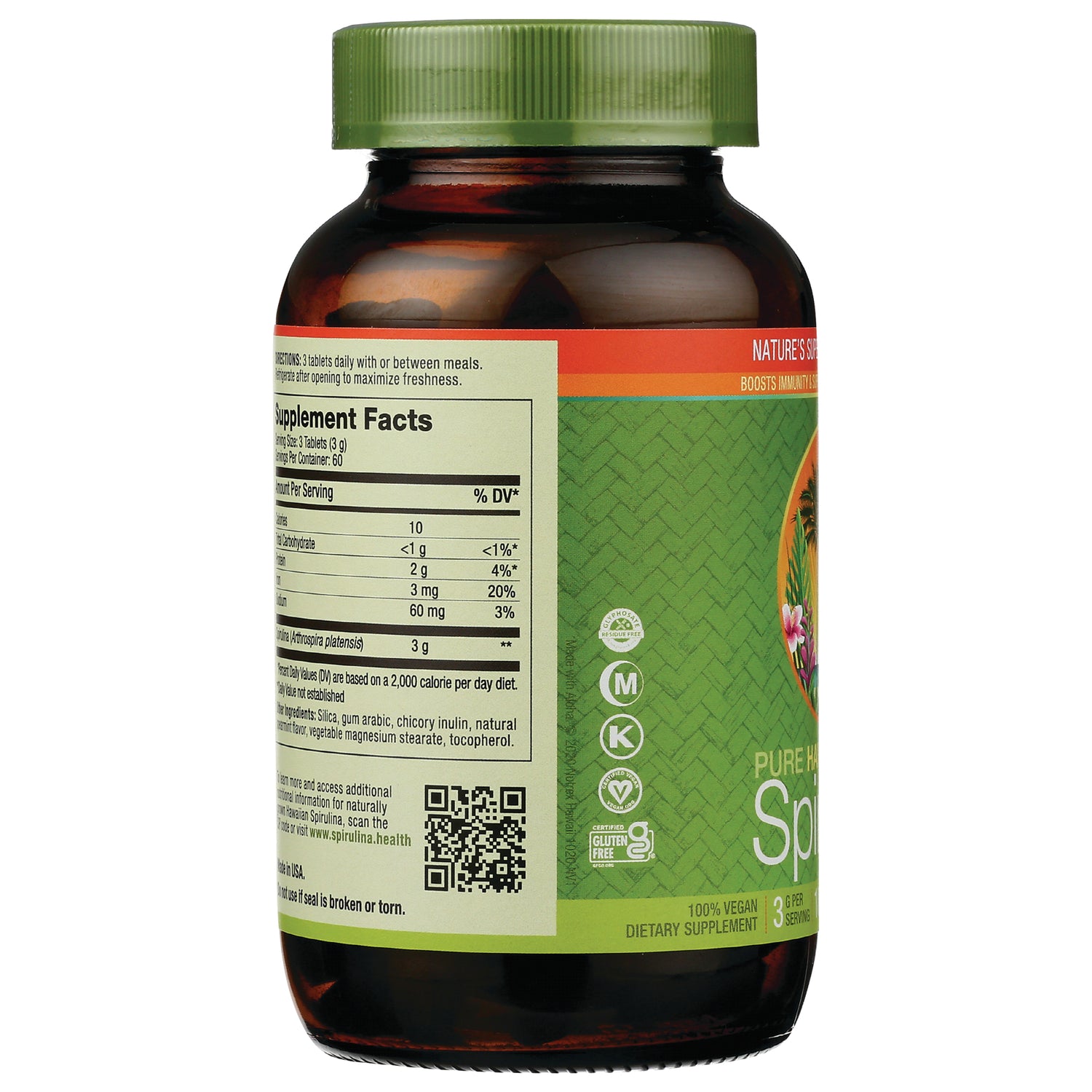NUT023 | Supplement facts panel, ingredients and QR code on green spirulina bottle back